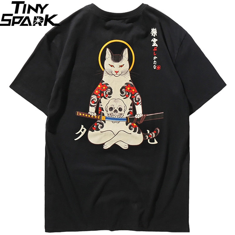 T Shirt Japanese Ninja Cat Skull Hip Hop Streetwear - GilloServ