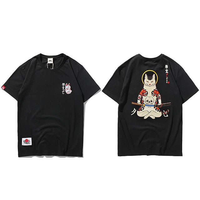T Shirt Japanese Ninja Cat Skull Hip Hop Streetwear - GilloServ