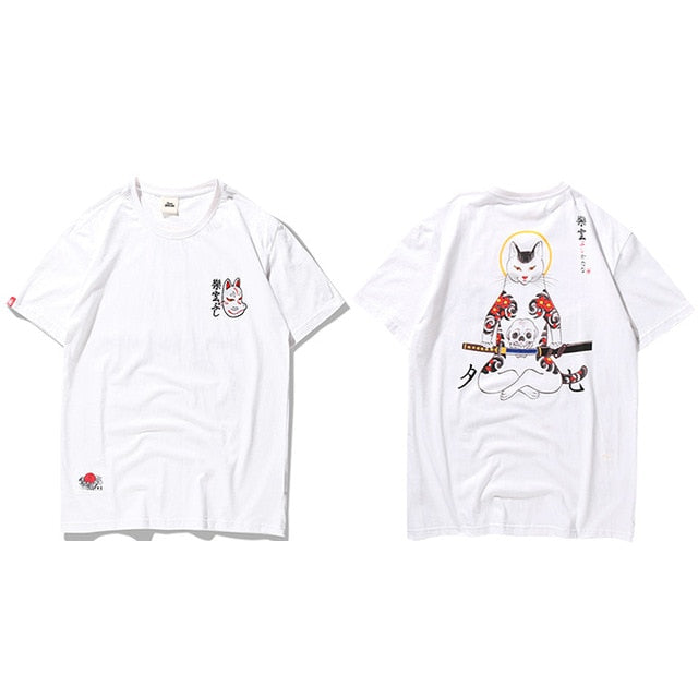 T Shirt Japanese Ninja Cat Skull Hip Hop Streetwear - GilloServ