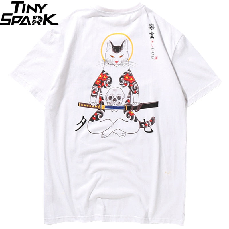 T Shirt Japanese Ninja Cat Skull Hip Hop Streetwear - GilloServ