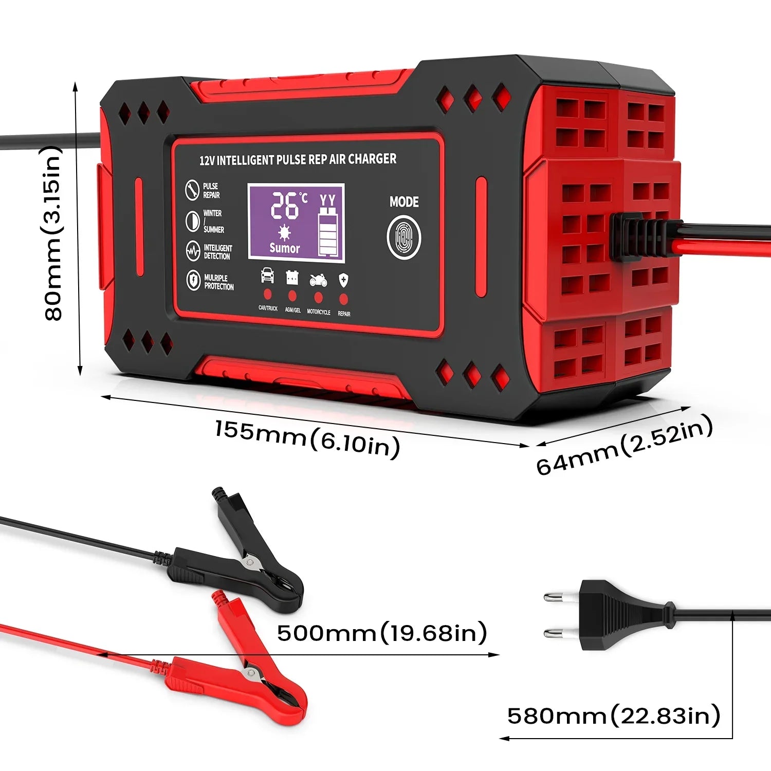 6A 12V Smart Car Battery Charger Lead-Acid Battery Red - GilloServ