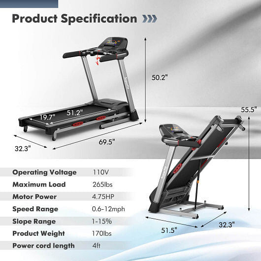 4.75 HP Folding Treadmill with Auto Incline and 20 Preset Programs - GilloServ