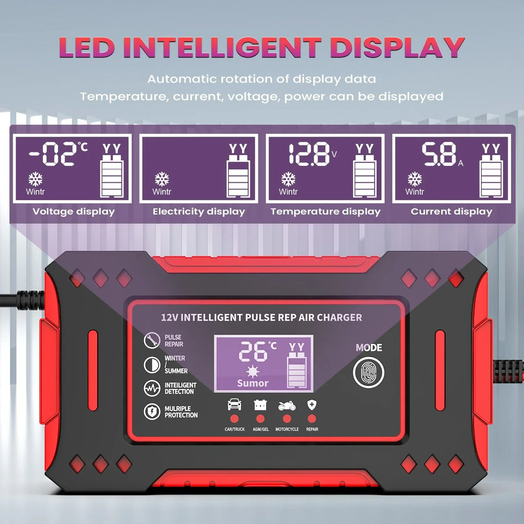 6A 12V Smart Car Battery Charger Lead-Acid Battery Red - GilloServ