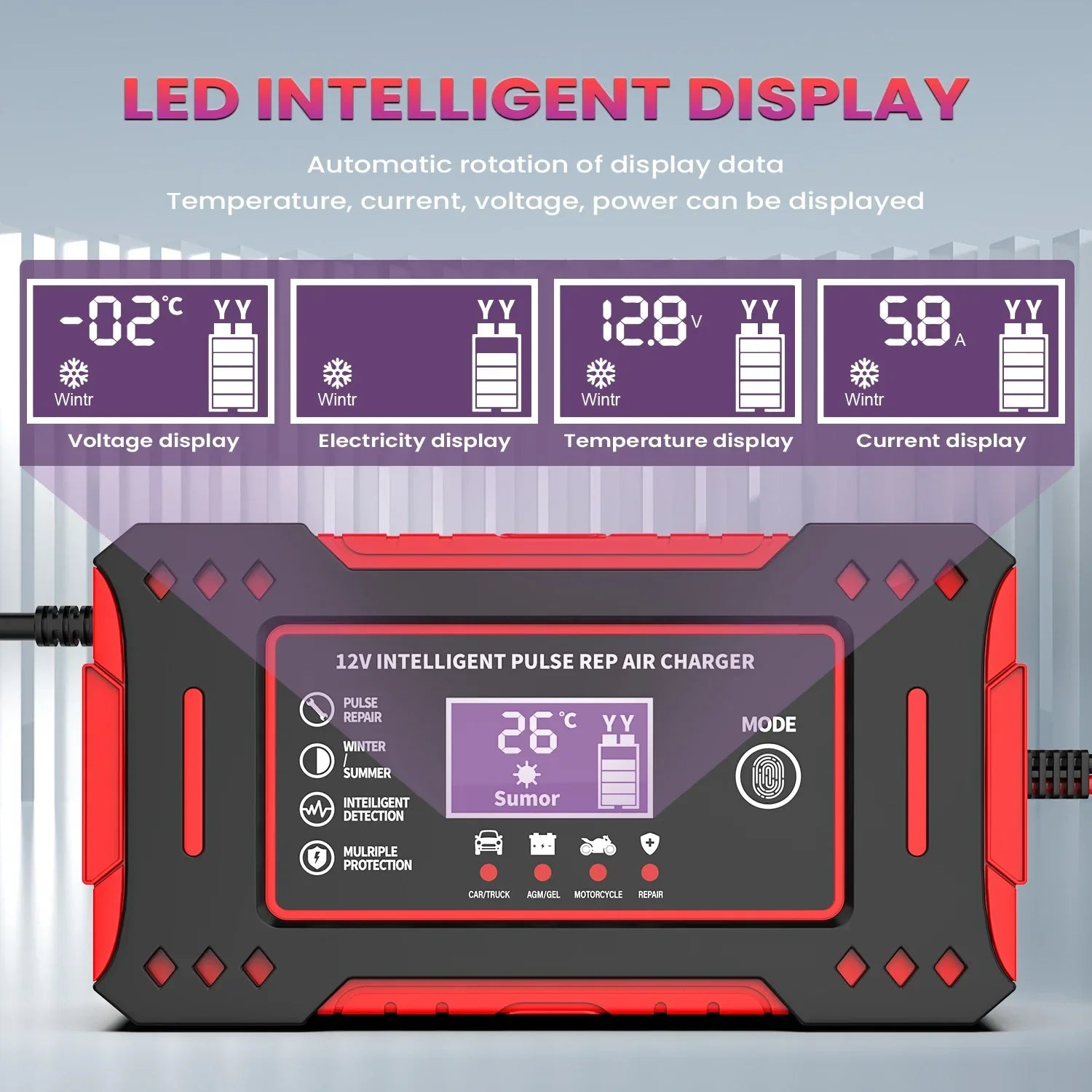 6A 12V Smart Car Battery Charger Lead-Acid Battery Red - GilloServ