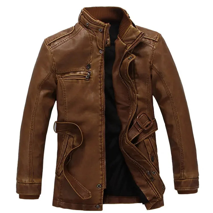 Mens PU Leather Fleece Lined Winter Jacket (Yellow thin)-0