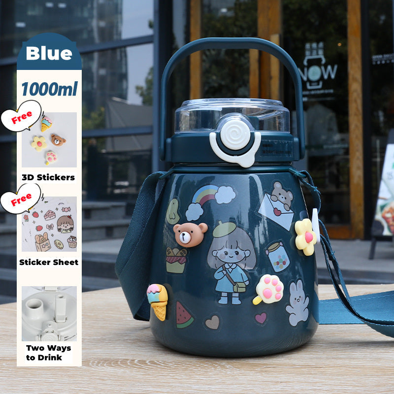 1000ml Large Water Bottle Stainless Steel Straw Water Jug with Sticker Packs (Blue) - GilloServ