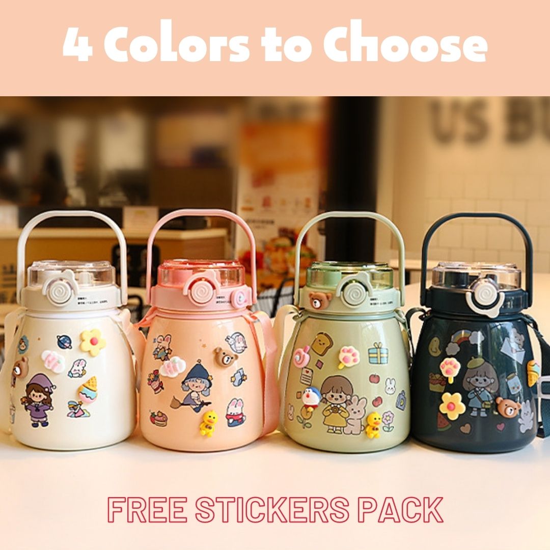 1000ml Large Water Bottle Stainless Steel Straw Water Jug with FREE Sticker Packs (Pink) - GilloServ