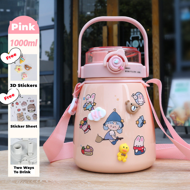 1000ml Large Water Bottle Stainless Steel Straw Water Jug with FREE Sticker Packs (Pink) - GilloServ
