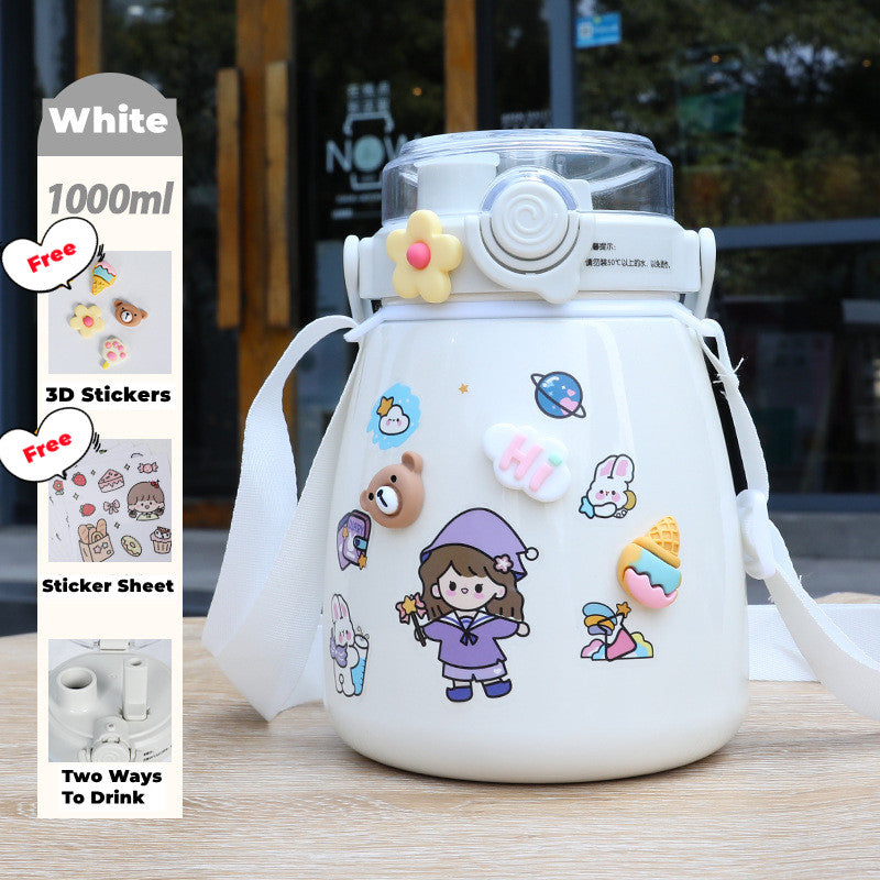 1000ml Large Water Bottle Stainless Steel Straw Water Jug with FREE Sticker Packs (White) - GilloServ