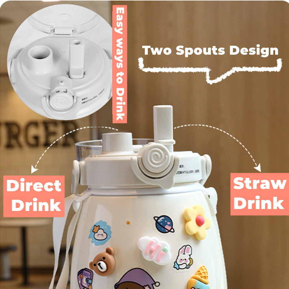 1000ml Large Water Bottle Stainless Steel Straw Water Jug with FREE Sticker Packs (White) - GilloServ