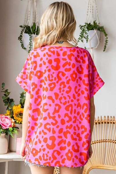 First Love Leopard V-Neck Short Sleeve Woven Top - GilloServ