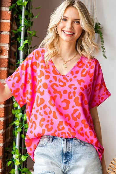 First Love Leopard V-Neck Short Sleeve Woven Top - GilloServ