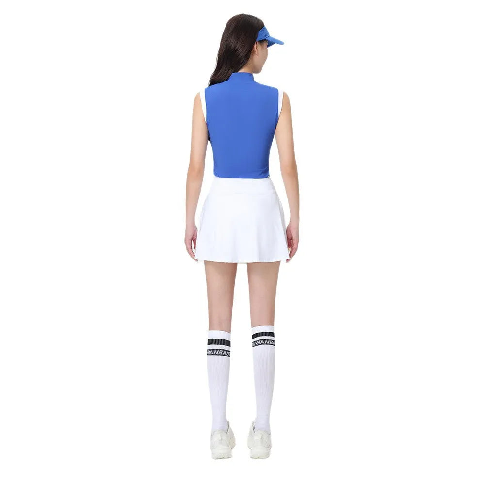 Golf Wear Women 2025 Blue Sleeveless Top Vest White Skirt Tennis Outfit - GilloServ