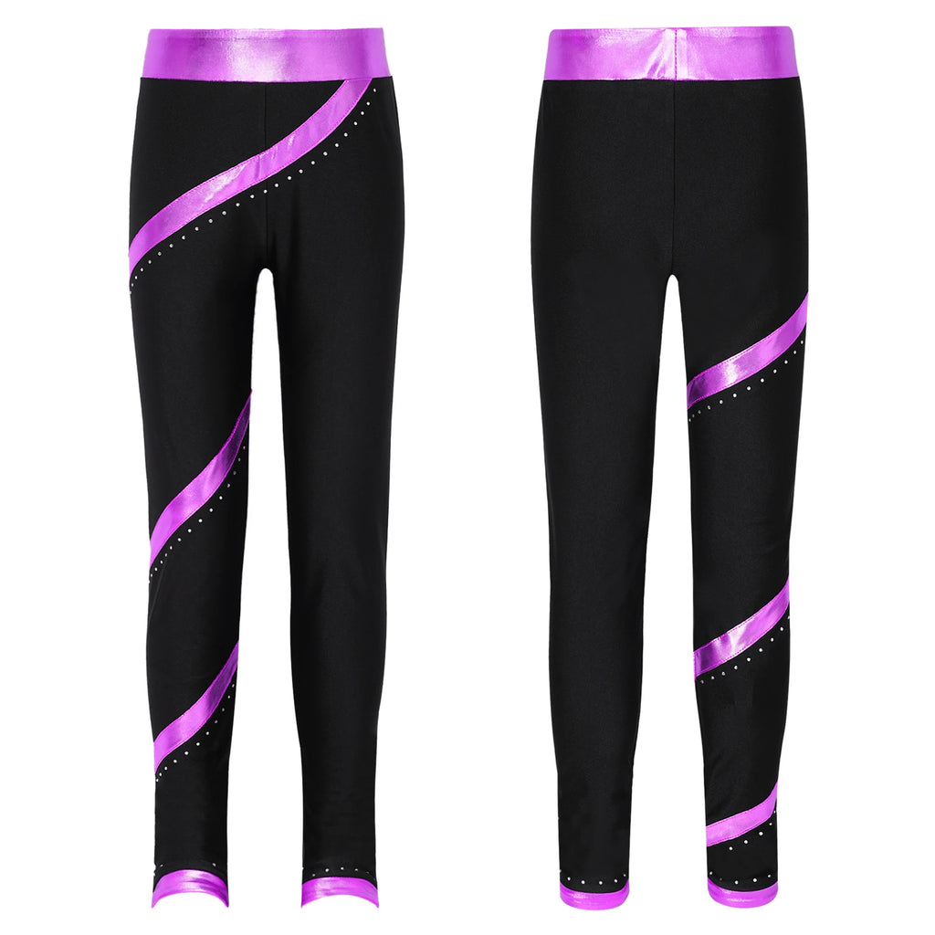 Kids Girls Figure Skating Pants Stretchy Skinny Workout Dance Leggings - GilloServ