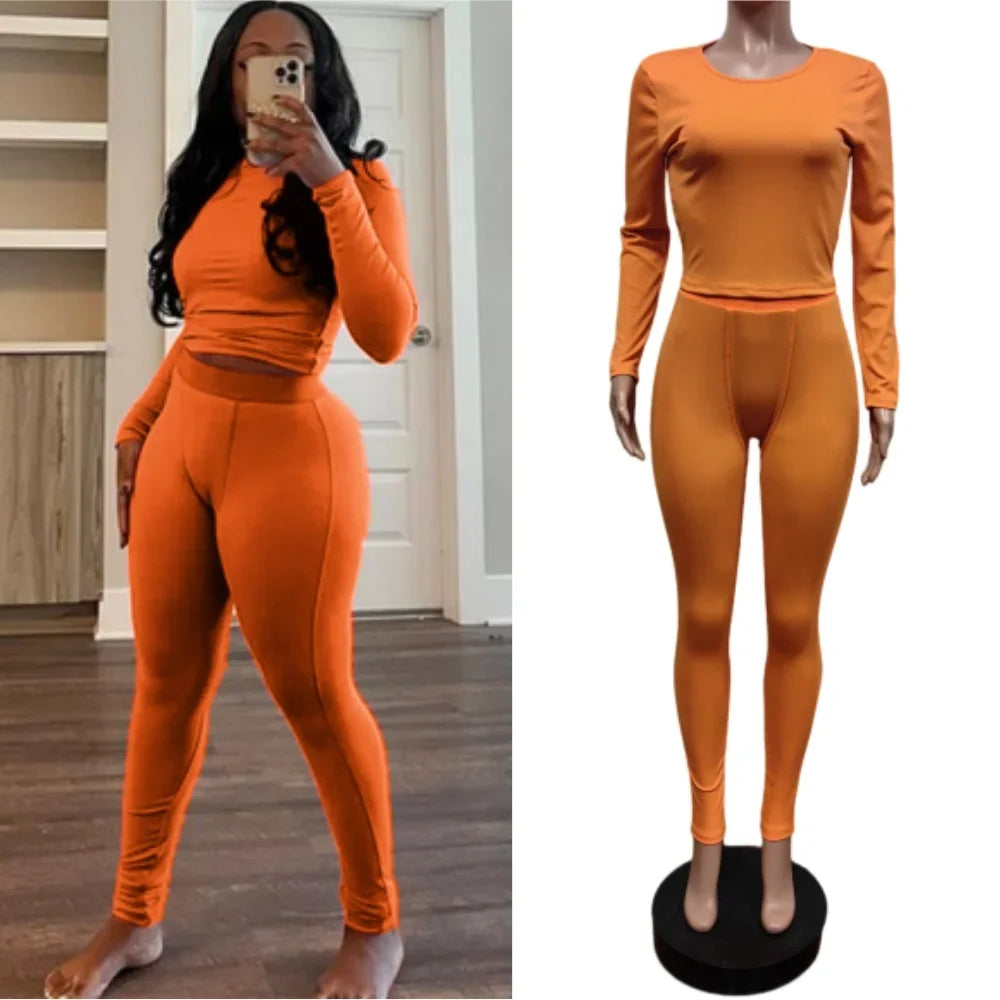 New Ribbing 2 Piece Sets Women Outfit Solid Long Sleeve Crop Top + High Waist Leggings Suits Sportswear - GilloServ
