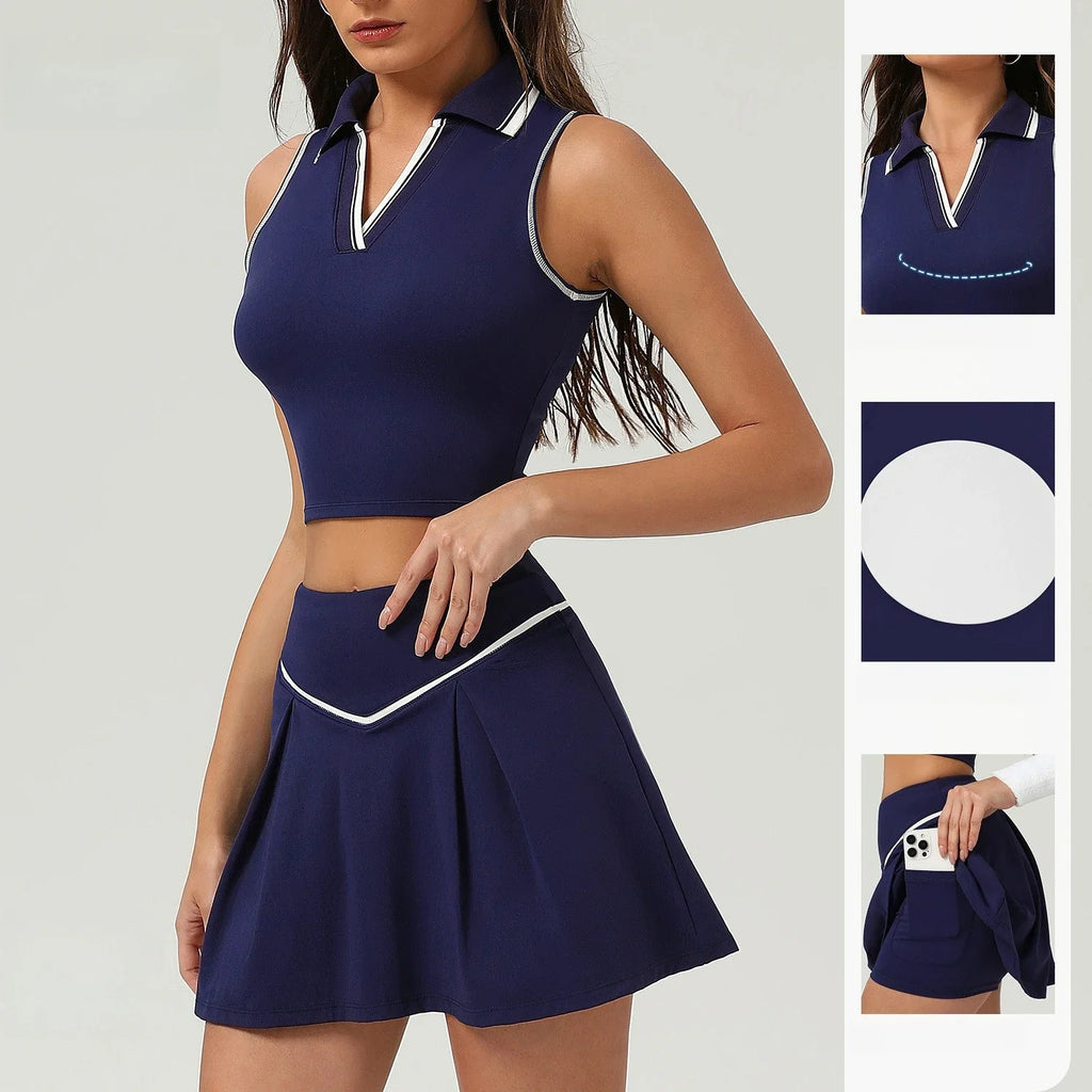 Tennis Skirt Sets Sports Fitness Golf Badminton Running Leisure Sports Short Skirts Workout Clothing Gym Yoga Suits for Women - GilloServ