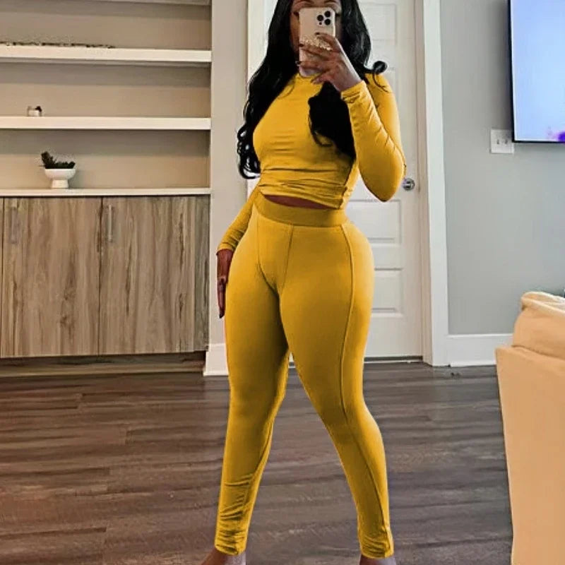 New Ribbing 2 Piece Sets Women Outfit Solid Long Sleeve Crop Top + High Waist Leggings Suits Sportswear - GilloServ