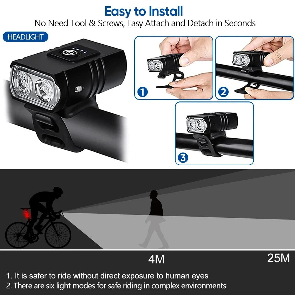 LED Bicycle Front Light Type-C Rechargeable Bicycle Headlight MTB Road Bike Headlamp Easy to Install Cycling Accessories - GilloServ