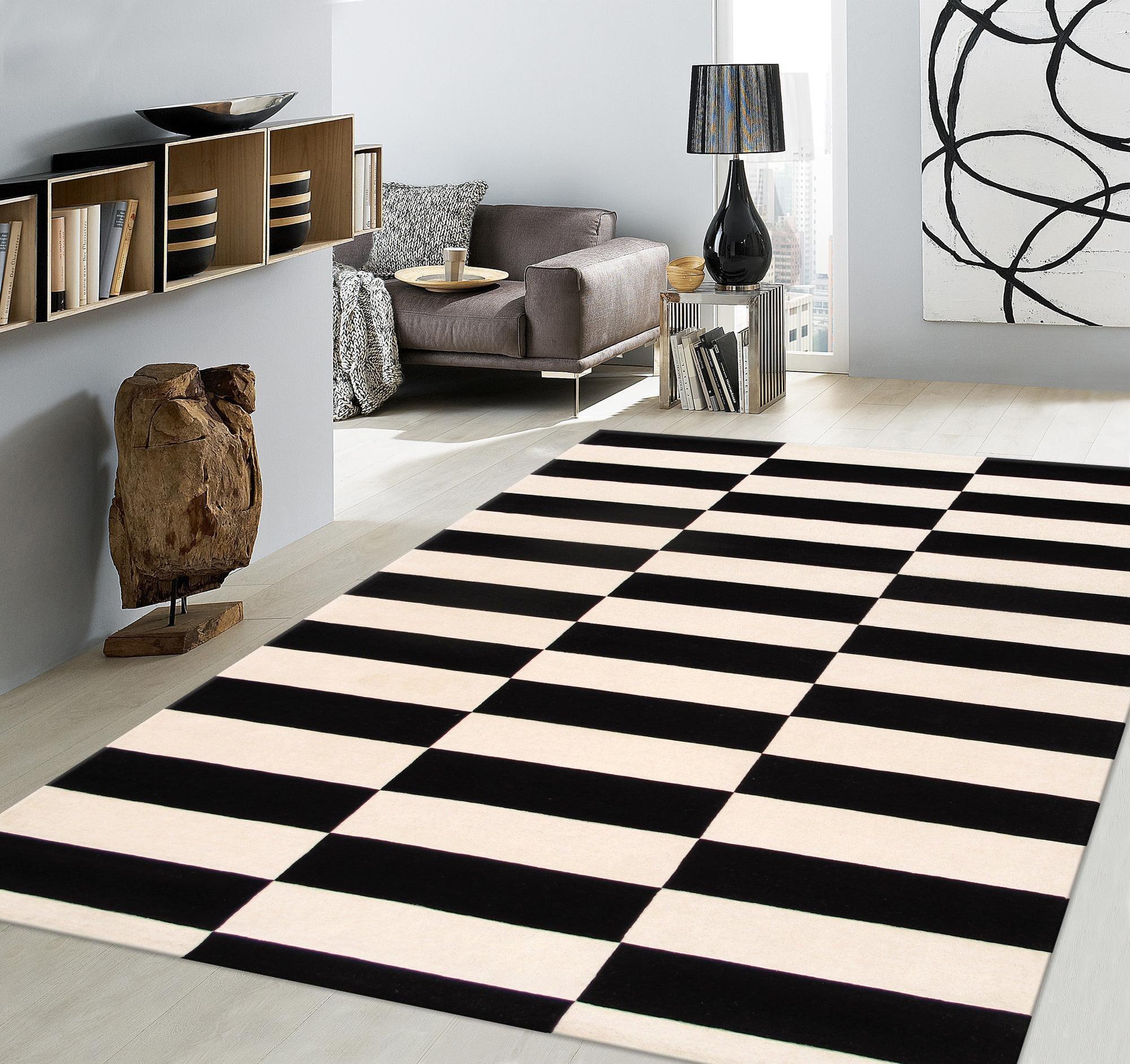 Canvello Modern Hand-Tufted White/Black Bsilk & Wool Area Rug- 8'9" X 11'9"-4