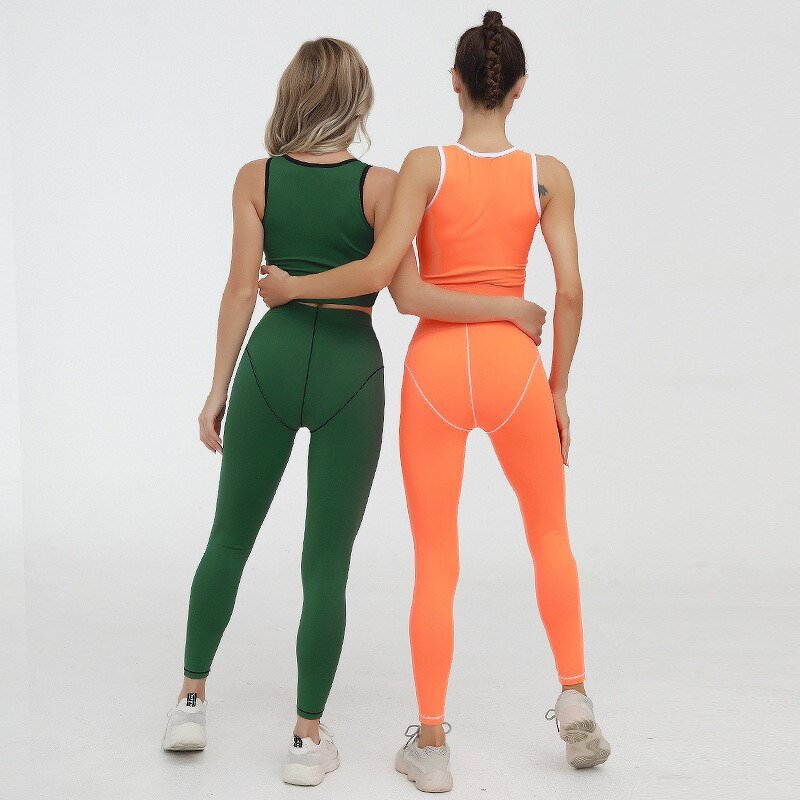 Color Patchwork Women 2 PCS Yoga Set Zipper Sleeveless Vest Top Fitness Leggings GYM Workout Pants Running Suit Sportswear - GilloServ