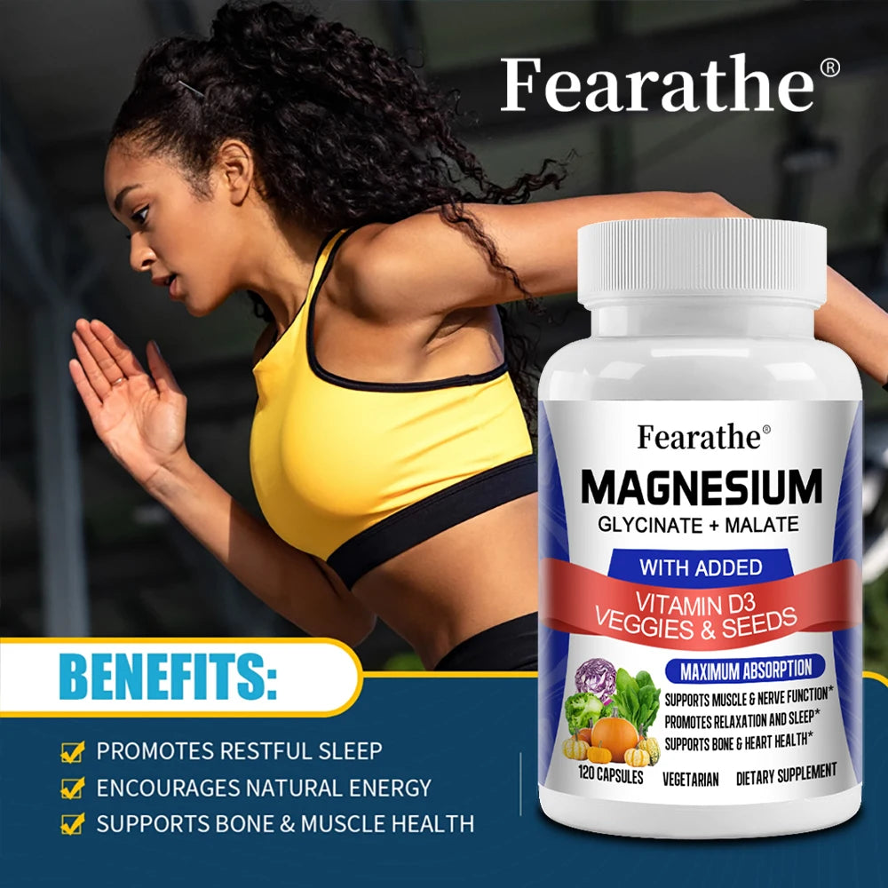 Magnesium Glycinate & Malate Complex, Vitamin D3, Max Absorption - for Bone Heart Sleep Nerve Muscle 120 Veggie Capsules - GilloServ