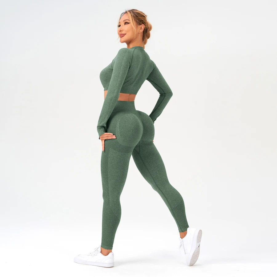 2 pcs/set Long Sleeve Yoga Leggings Set Sportswear Woman Gym Seamless Workout Outfit Yoga Clothes Womens Tracksuit Activewear - GilloServ