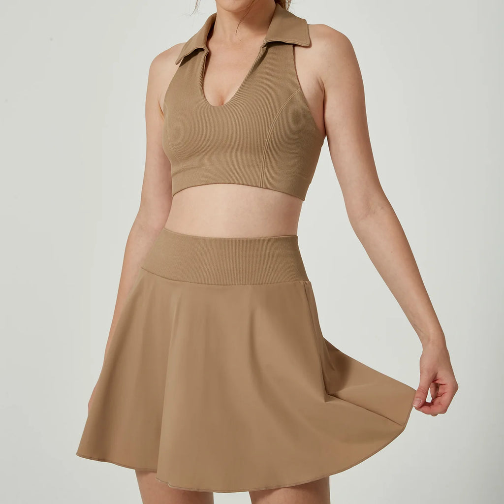 2PCS Yoga Set Gym Set Women Tracksuit Lapel Vest Sports Short Skirt Workout Fitness Set Breathable Yoga Nude Tennis Clothes - GilloServ