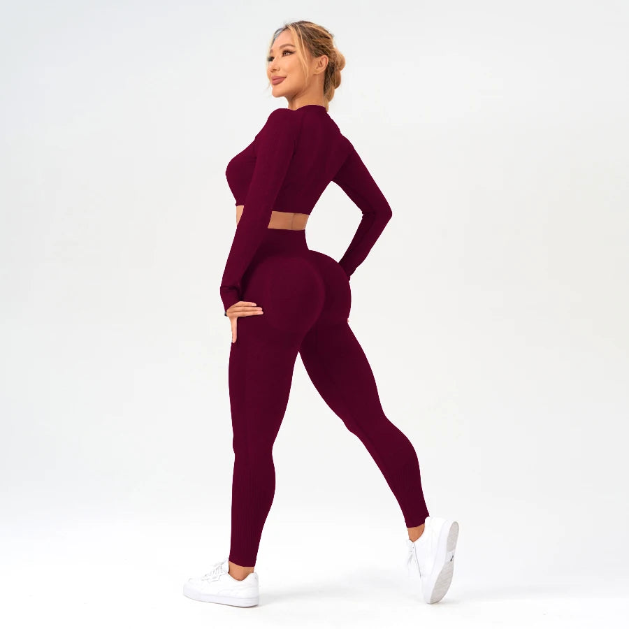 2 pcs/set Long Sleeve Yoga Leggings Set Sportswear Woman Gym Seamless Workout Outfit Yoga Clothes Womens Tracksuit Activewear - GilloServ