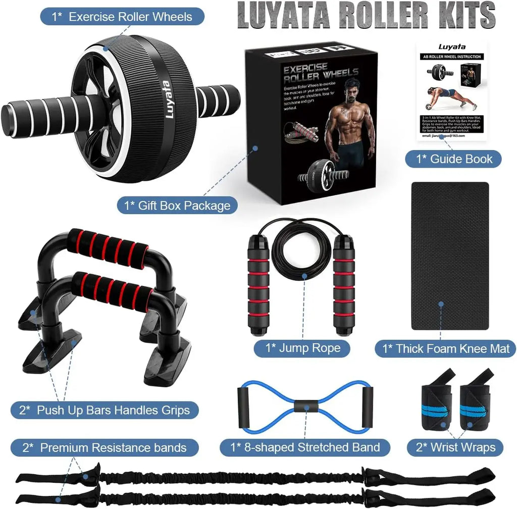 Ab Roller Wheel 10-In-1 Ab Exercise Wheels Kit// With Resistance Bands Knee Mat Jump Rope Push-Up Bar Home Gym Equipment for Men W - GilloServ