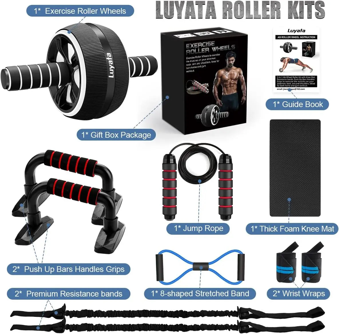 Ab Roller Wheel 10-In-1 Ab Exercise Wheels Kit// With Resistance Bands Knee Mat Jump Rope Push-Up Bar Home Gym Equipment for Men W - GilloServ