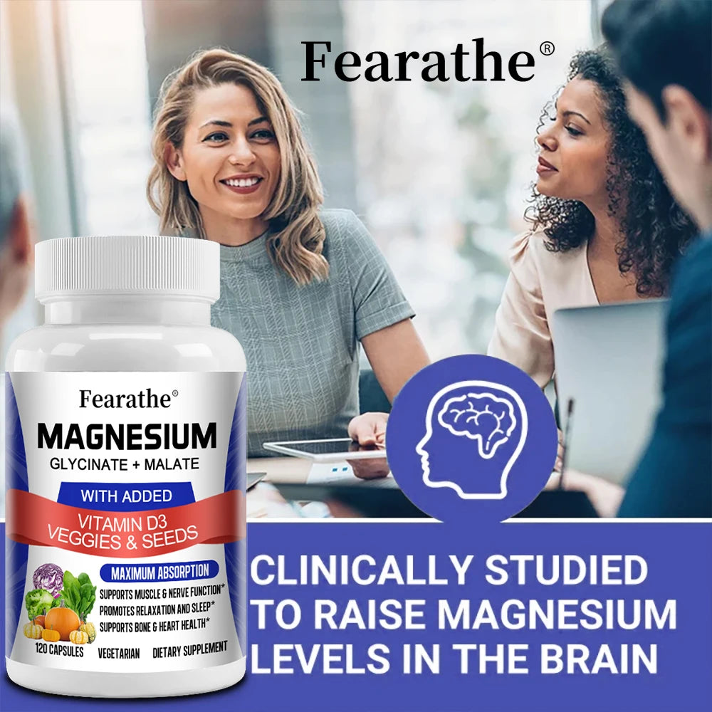 Magnesium Glycinate & Malate Complex, Vitamin D3, Max Absorption - for Bone Heart Sleep Nerve Muscle 120 Veggie Capsules - GilloServ