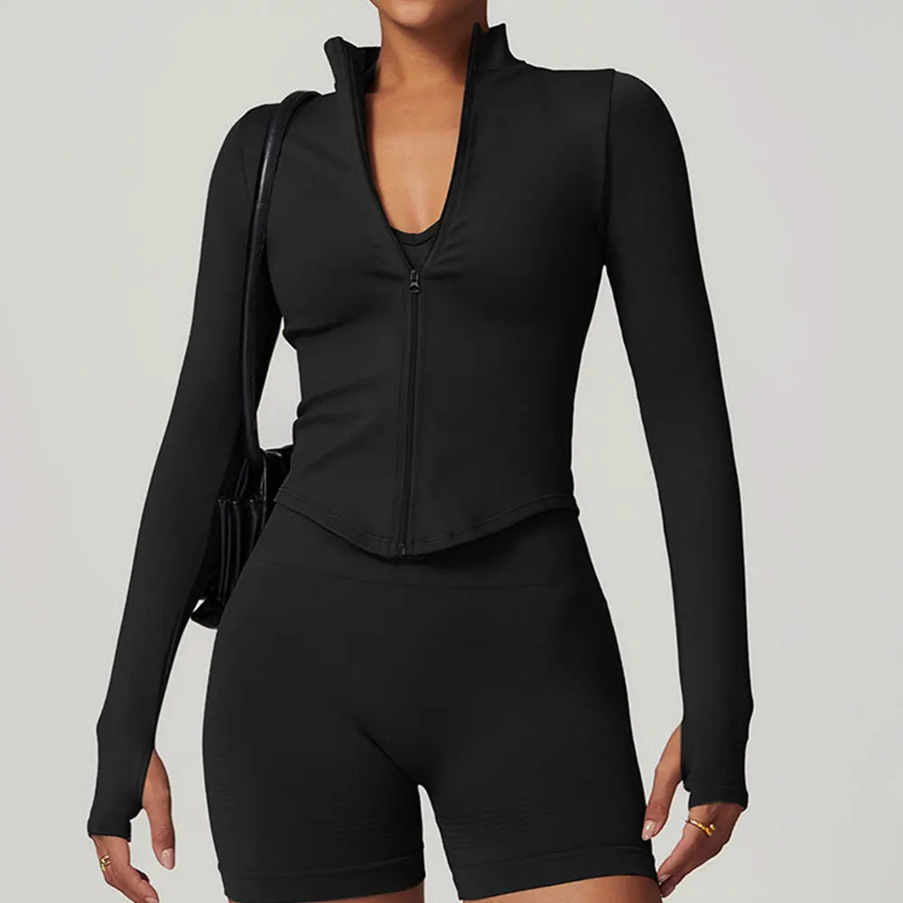 Zipper Women Crop Tops Yoga T-shirts Solid // Long Sleeve Running Shirts Sexy Quick Dry Fitness Jacket Gym Sport Wear - GilloServ