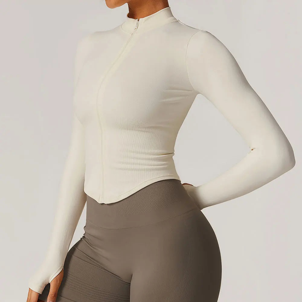 Zipper Women Crop Tops Yoga T-shirts Solid // Long Sleeve Running Shirts Sexy Quick Dry Fitness Jacket Gym Sport Wear - GilloServ