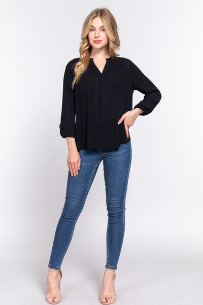 ACTIVE BASIC Full Size Notched Long Sleeve Woven Top - GilloServ