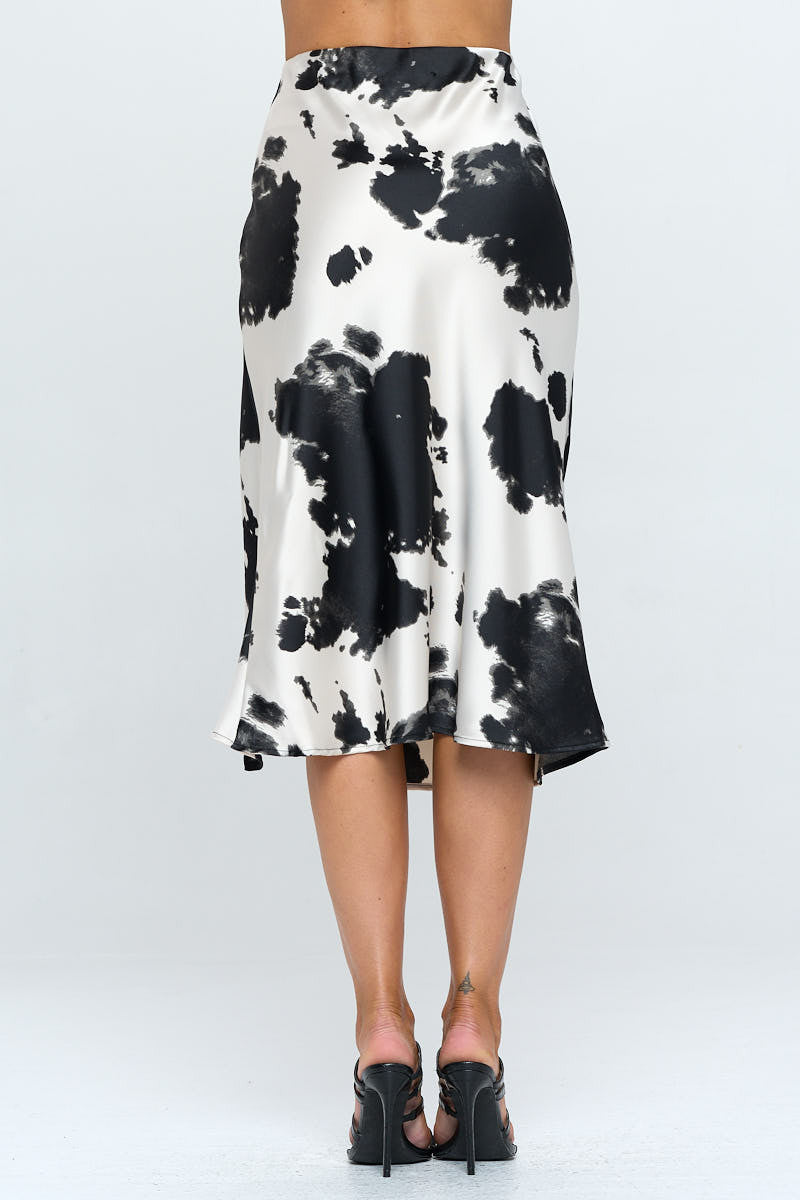 Satin Cow Print Midi Skirt with Slit-3