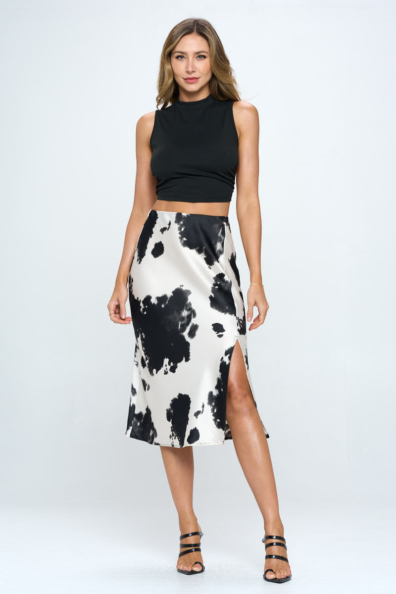 Satin Cow Print Midi Skirt with Slit-4