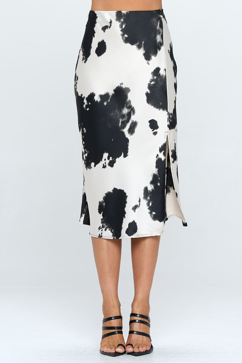 Satin Cow Print Midi Skirt with Slit-0