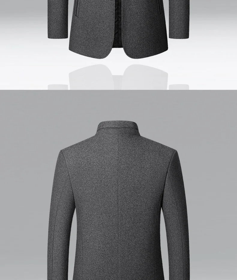 Mens Winter Wool Coat Stand Collar Business Jacket (Gray)-4