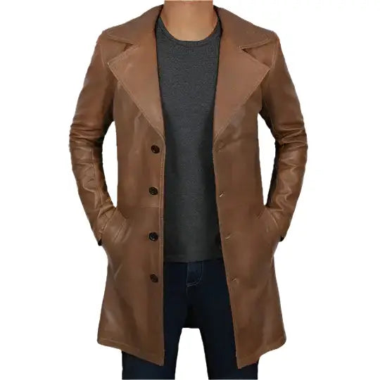 Mens Distressed Brown Leather Winter Trench Coat-0