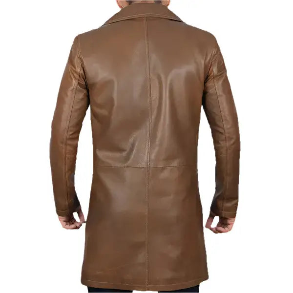 Mens Distressed Brown Leather Winter Trench Coat-1