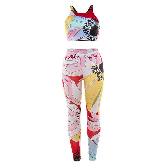 Floral Woman Sportwear Yoga Set Seamless Gym Suit Crop Top Bra Elastic High Waist Yoga Pant Leggings Outfit Fitness Clothing - GilloServ