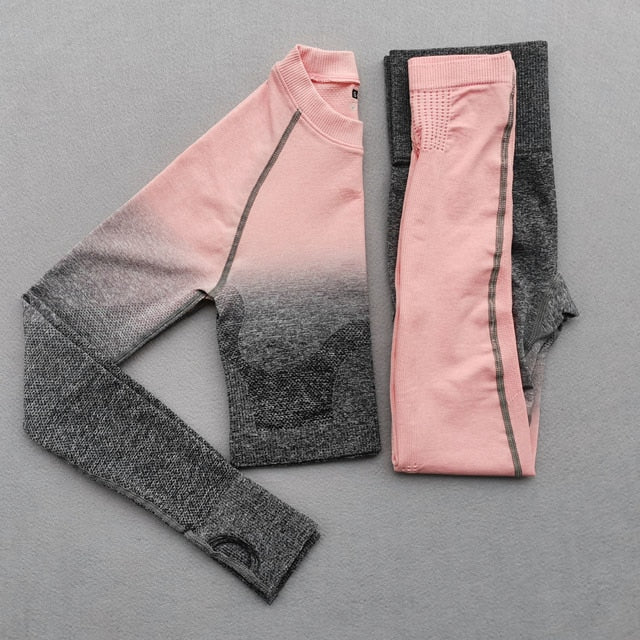 Women Yoga Set Gym Clothing Ombre Seamless Gradient Leggings+Long sleeve Top Workout Sport Suit Women Fitness Set Active Wear - GilloServ