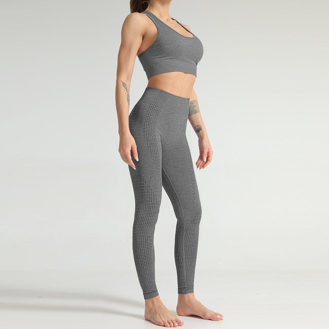 Lycra Seamless 2PCS Women Yoga Set Gym Clothing Fitness Leggings+Cropped Shirts Sport Suit Women Long Sleeve Tracksuit Active - GilloServ