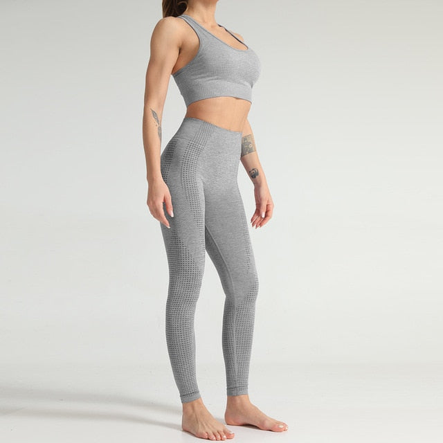 Lycra Seamless 2PCS Women Yoga Set Gym Clothing Fitness Leggings+Cropped Shirts Sport Suit Women Long Sleeve Tracksuit Active - GilloServ