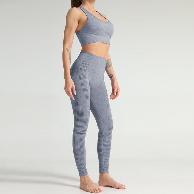 Lycra Seamless 2PCS Women Yoga Set Gym Clothing Fitness Leggings+Cropped Shirts Sport Suit Women Long Sleeve Tracksuit Active - GilloServ