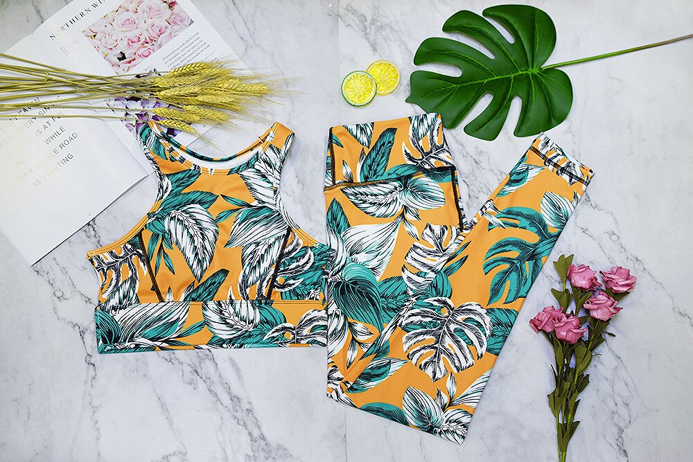 Seamless Leaf Print Sports Yoga Set Gym Fitness - GilloServ