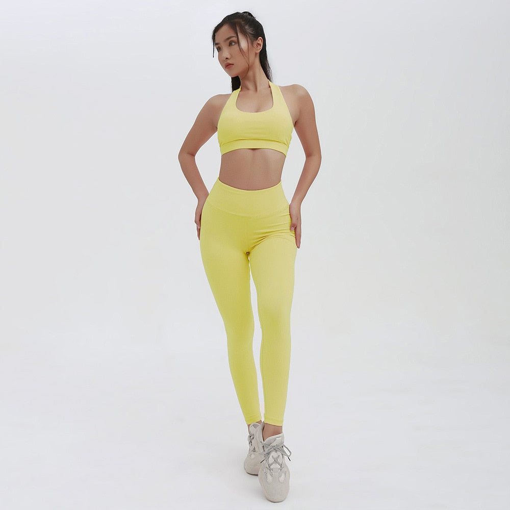 Seamless Yoga Set Women Gym Clothing Halter Tank Crop Top Leggings Tracksuit Push Up Work Out Gym Sportswear Hip Lifting Outfits - GilloServ