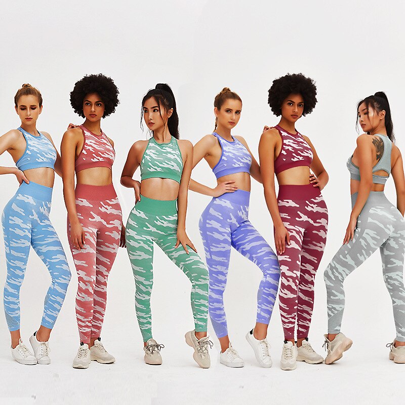 Seamless Camouflage Sports Yoga Set Gym Fitness Tracksuit Fashion Tank Crop Top Leggings Suit Running Workout Training Clothing - GilloServ