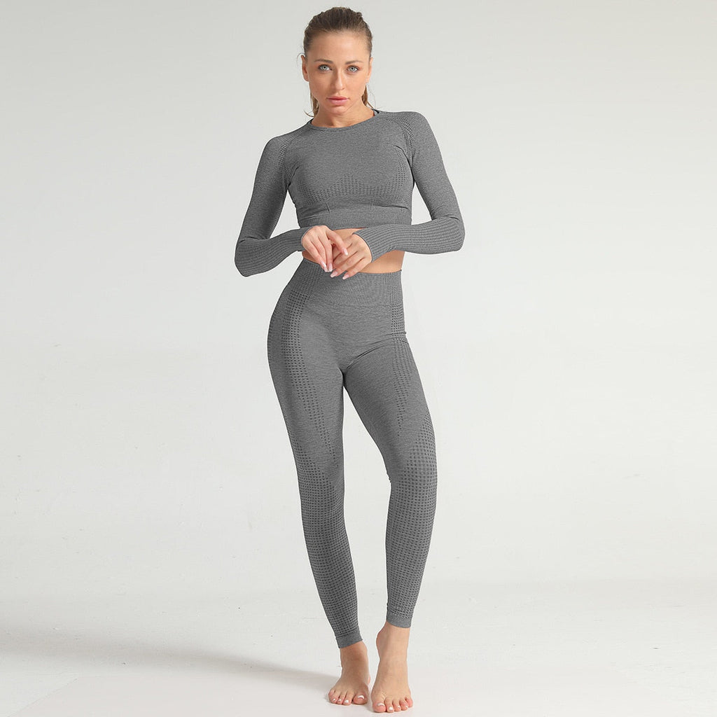 Lycra Seamless 2PCS Women Yoga Set Gym Clothing Fitness Leggings+Cropped Shirts Sport Suit Women Long Sleeve Tracksuit Active - GilloServ