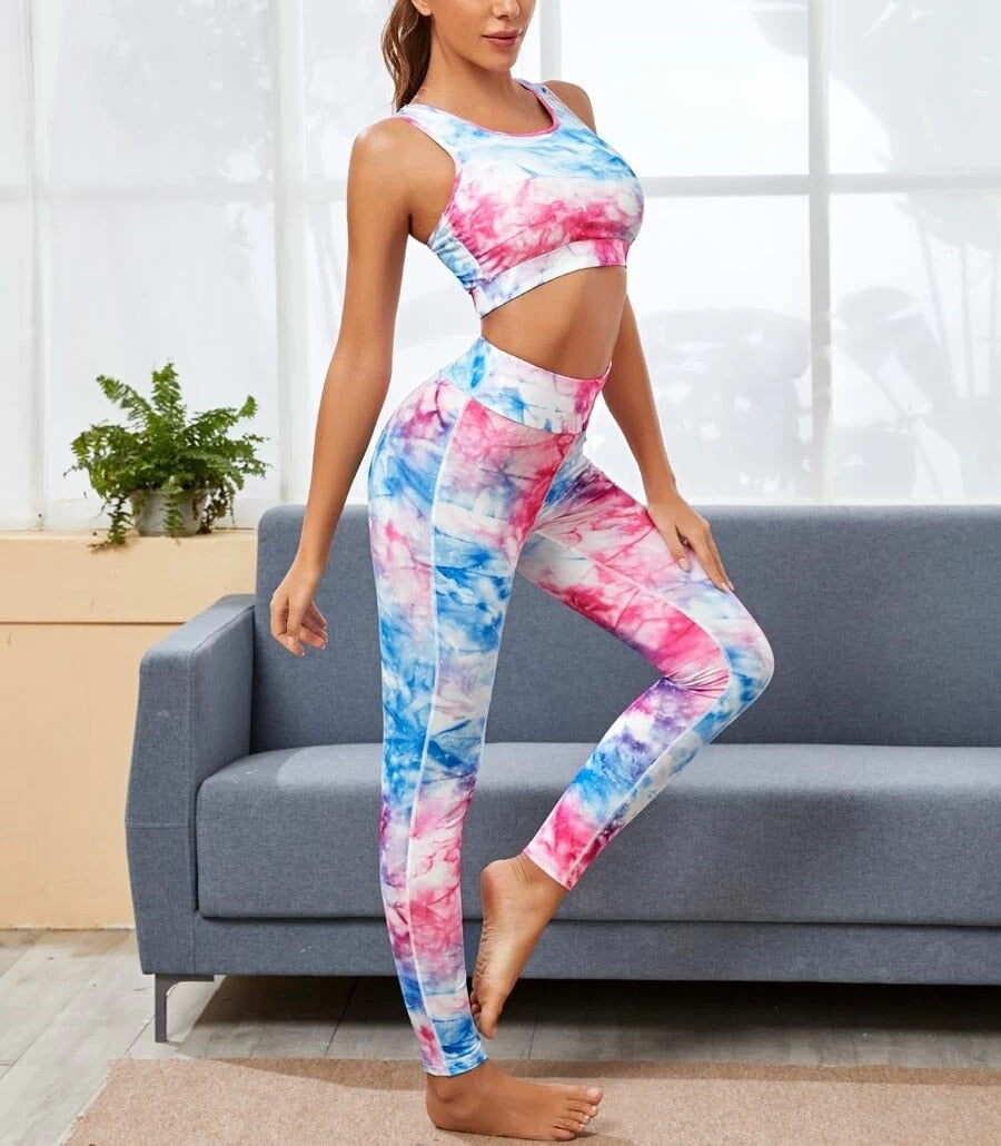 Tie Dye Print Yoga Suit Gym Slim Tracksuit - GilloServ